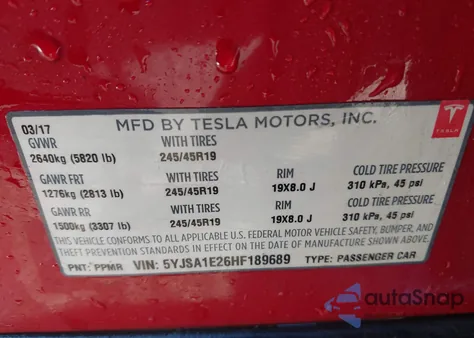 2017 Tesla Model S 100D/60D/75D/90D/P100D из США, поврежденный, VIN 5YJSA1E26HF189689